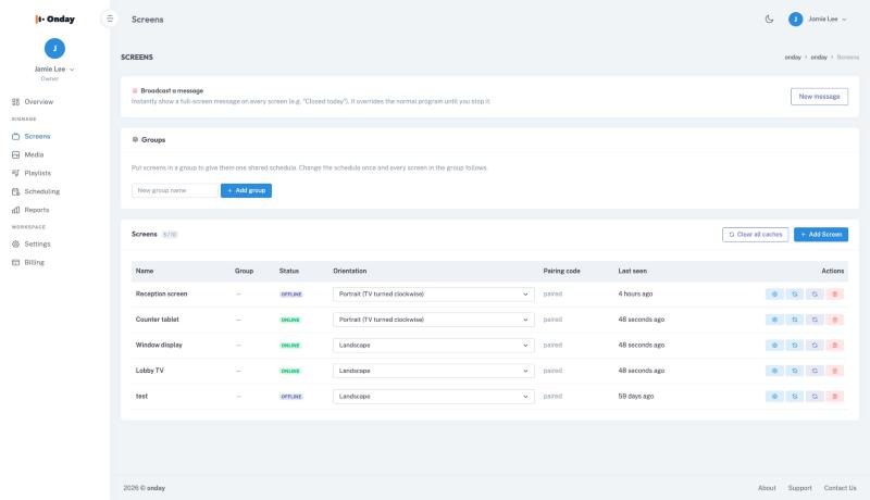 The onday dashboard showing screens and their online status
